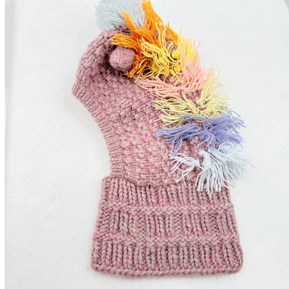 Unbranded Knit Unicorn Balaclava Kids OS Pink Rainbow Fringe Whimsical Kidcore